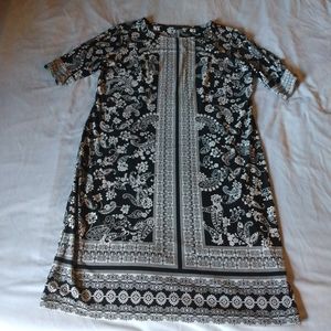 Roz & Ali Women's Dress Sz Large Black White Floral Paisley Short Slv